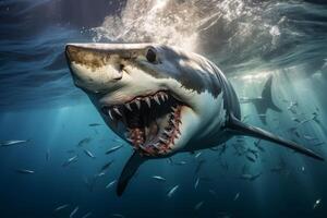 Ferocious great white shark with open jaws in the ocean photo