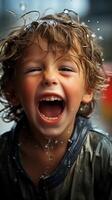 joyful child laughing in the rain photo