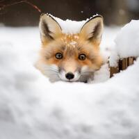 Curious fox peeking through the snow photo