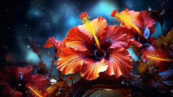 Vibrant red hibiscus flower in snow photo