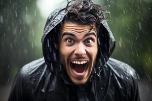Intense expression of a man shouting in the rain photo