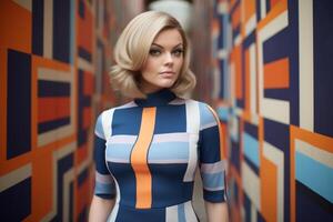 woman in colorful geometric dress posing in front of abstract background photo
