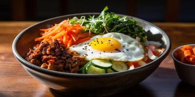 Delicious Korean bibimbap bowl with fried egg, vegetables, and spicy beef photo