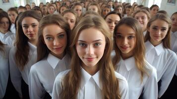 group of young women in white shirts photo