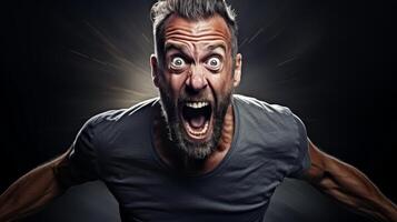 Intense expression of a bearded man with wide eyes and open mouth photo