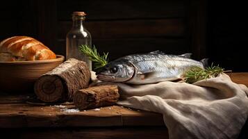 fresh fish with herbs and bread on wooden table photo