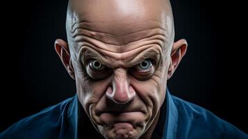 Intense and unsettling facial expression of a bald man with piercing eyes photo