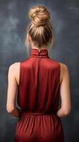 woman with elegant updo hairstyle wearing red dress photo