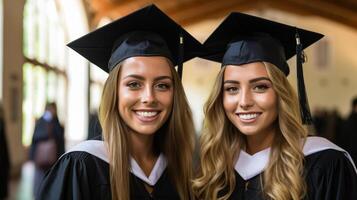 Smiling graduates in academic gowns and mortarboards photo