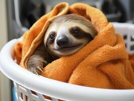 Cute sloth wrapped in orange towel photo