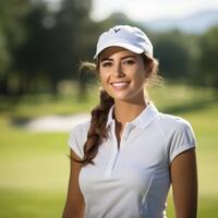 Smiling woman in golf attire on the course photo