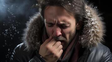 man bundled up in winter coat shivering from cold photo