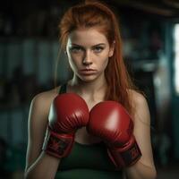 Determined female boxer with intense expression photo