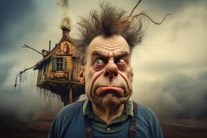 Grumpy old man with a dilapidated house in the background photo
