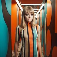 Stylish woman in colorful dress posing in modern setting photo