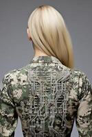 Futuristic military uniform with circuit board pattern photo