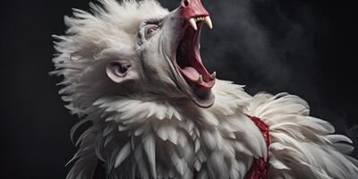 Angry roaring bird with open beak and sharp teeth photo