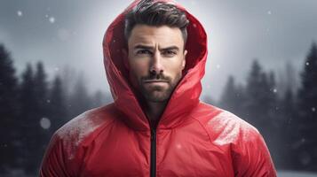 man in red hooded jacket standing in snowy forest photo