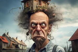 Whimsical portrait of an eccentric old man with a quirky expression and a wooden cabin in the background photo