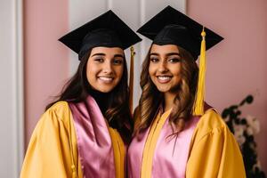 Smiling graduates in colorful robes and caps photo