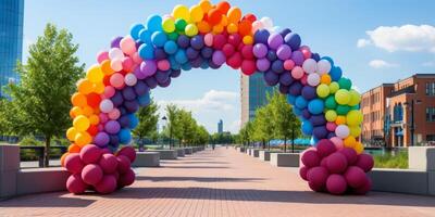 colorful balloon arch in urban setting photo