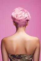 Vibrant pink hair color on womans head photo