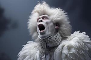 Dramatic portrait of a fierce looking creature with wild white hair photo
