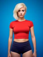 Fit woman in red crop top and navy shorts photo