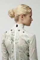 Futuristic fashion model with abstract circuit board pattern photo