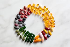 Assorted vitamins and supplements in a rainbow pattern photo