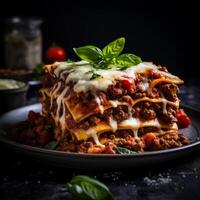 Delicious homemade lasagna with meat sauce and melted cheese photo