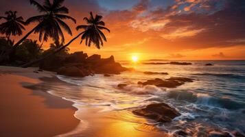 Stunning tropical sunset over a palm fringed beach photo