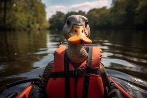 close up of a duck wearing a life jacket on a lake photo