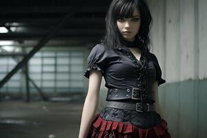 Mysterious goth girl in dark urban setting photo
