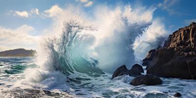 Powerful ocean wave crashing against rocky shore photo