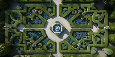Ornamental garden with geometric patterns and water feature photo