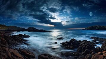 Stunning seascape with dramatic clouds and moonlight photo