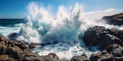 Powerful ocean waves crashing against rocky coastline photo