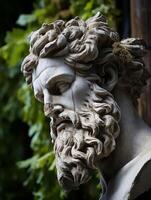 Weathered stone statue with ornate facial features photo