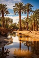 Lush oasis with palm trees reflecting in calm waters photo