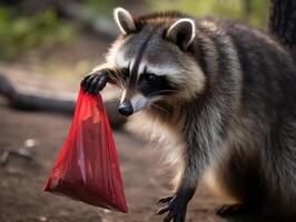 Curious raccoon exploring a red plastic bag photo