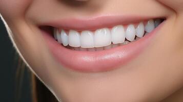 Closeup of a smiling mouth with white teeth photo