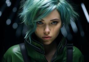 Mysterious woman with vibrant green hair photo