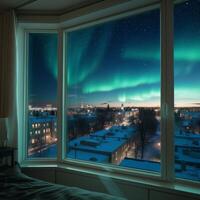 Breathtaking view of northern lights over city skyline from cozy bedroom window photo