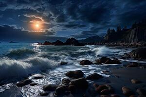 Dramatic seascape with crashing waves and sunset photo