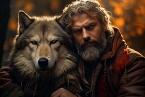 man and wolf in autumn forest photo