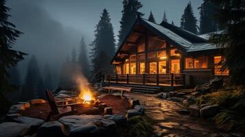 cozy cabin in the woods at night with a crackling fire photo