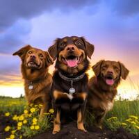 happy dogs enjoying sunset in field of flowers photo