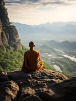 Serene monk meditating on mountain peak overlooking scenic landscape photo