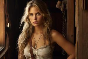 Alluring blonde woman in rustic setting photo